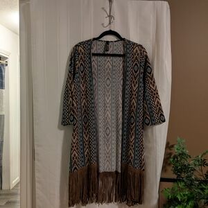 Patterned Fringe Open Cardigan. Boho. Western. Size Small.